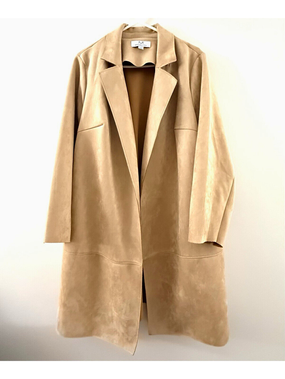 Magaschoni Woman 1X Tan Faux Suede Long Open Front Duster Coat Plus Size
